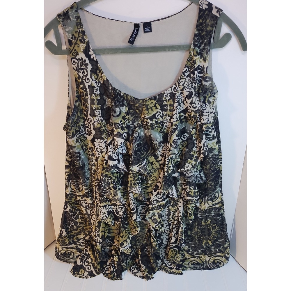 Relativity Womens LG Green Paisley Ruffle Sleeveless Tank Top Whimsygoth Earthy